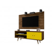 Manhattan Comfort 221-201AMC94 Liberty 62.99 Mid-Century Modern TV Stand and Panel with Solid Wood Legs in Rustic Brown and Yellow